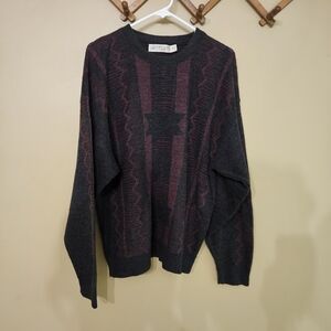 Vintage Jantzen Grandpa Sweater XL – Purple & Grey Geometric Knit Pullover